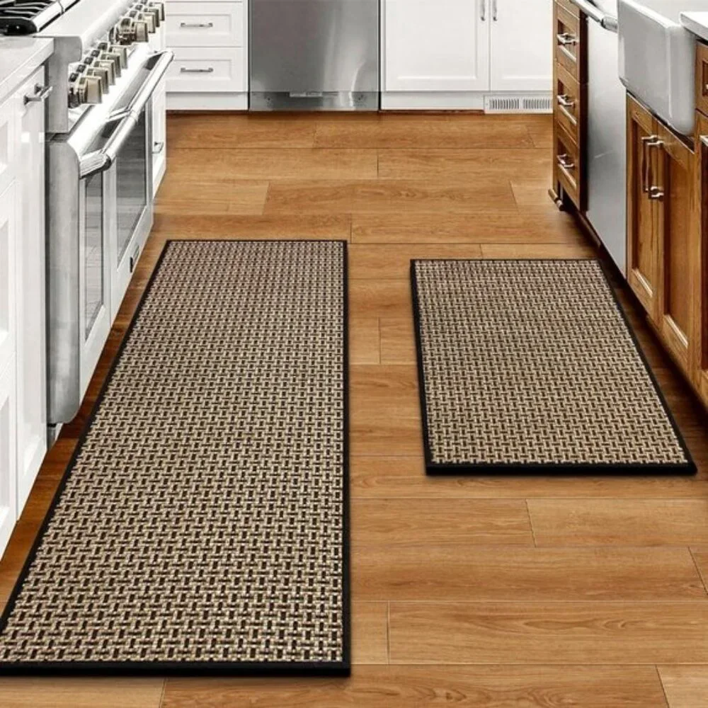 New 2PC Washable Kitchen Rug Set, Non-Skid Absorbent Runner Mats in Black